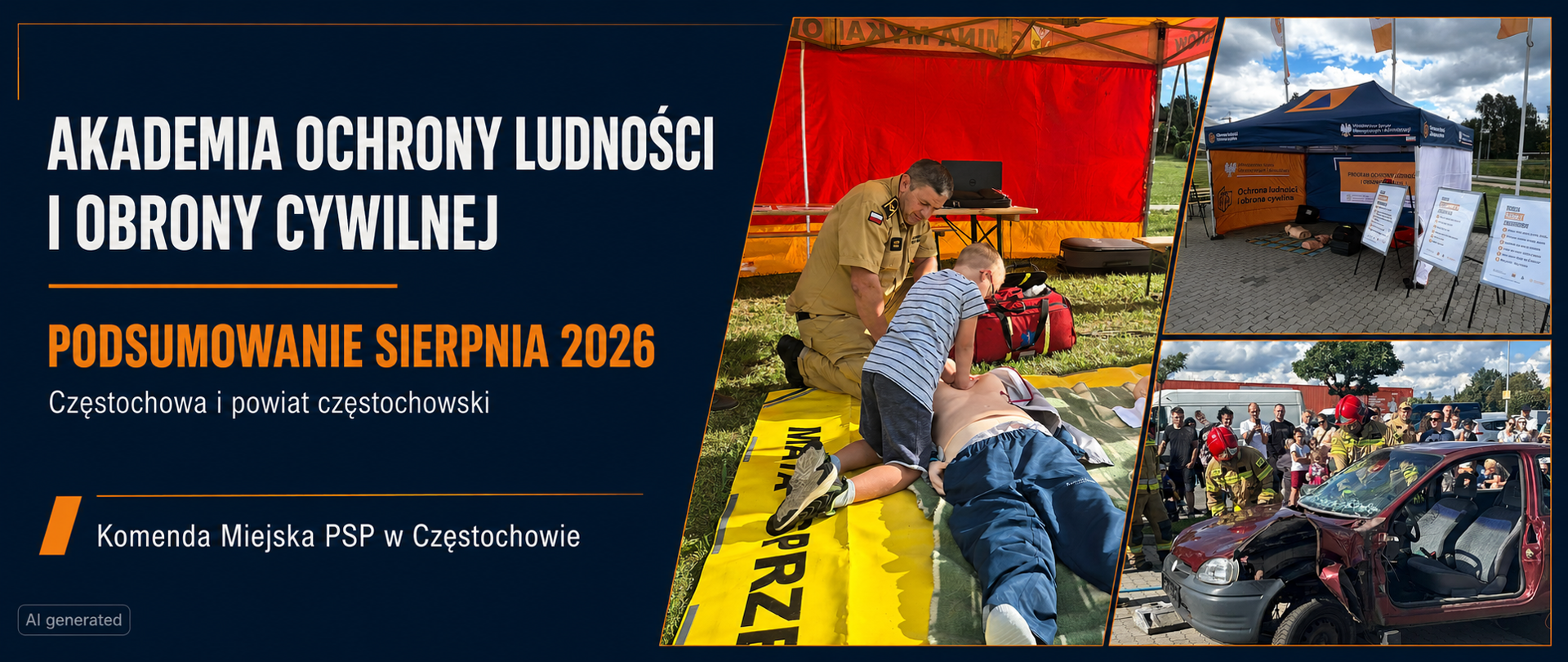 Poziomy baner w granatowo-pomarańczowej kolorystyce z napisem „Akademia Ochrony Ludności i Obrony Cywilnej – podsumowanie sierpnia 2026” oraz informacją „Częstochowa i powiat częstochowski”. Po lewej stronie umieszczono także nazwę Komendy Miejskiej PSP w Częstochowie. Po prawej znajduje się kolaż trzech zdjęć przedstawiających chłopca ćwiczącego uciskanie klatki piersiowej fantomu pod nadzorem strażaka, namiot edukacyjny programu OLiOC oraz pokaz ratownictwa technicznego przy samochodzie osobowym, obserwowany przez dzieci i dorosłych. W lewym dolnym rogu widnieje oznaczenie „AI generated”, informujące o wykorzystaniu sztucznej inteligencji przy przygotowaniu grafiki.