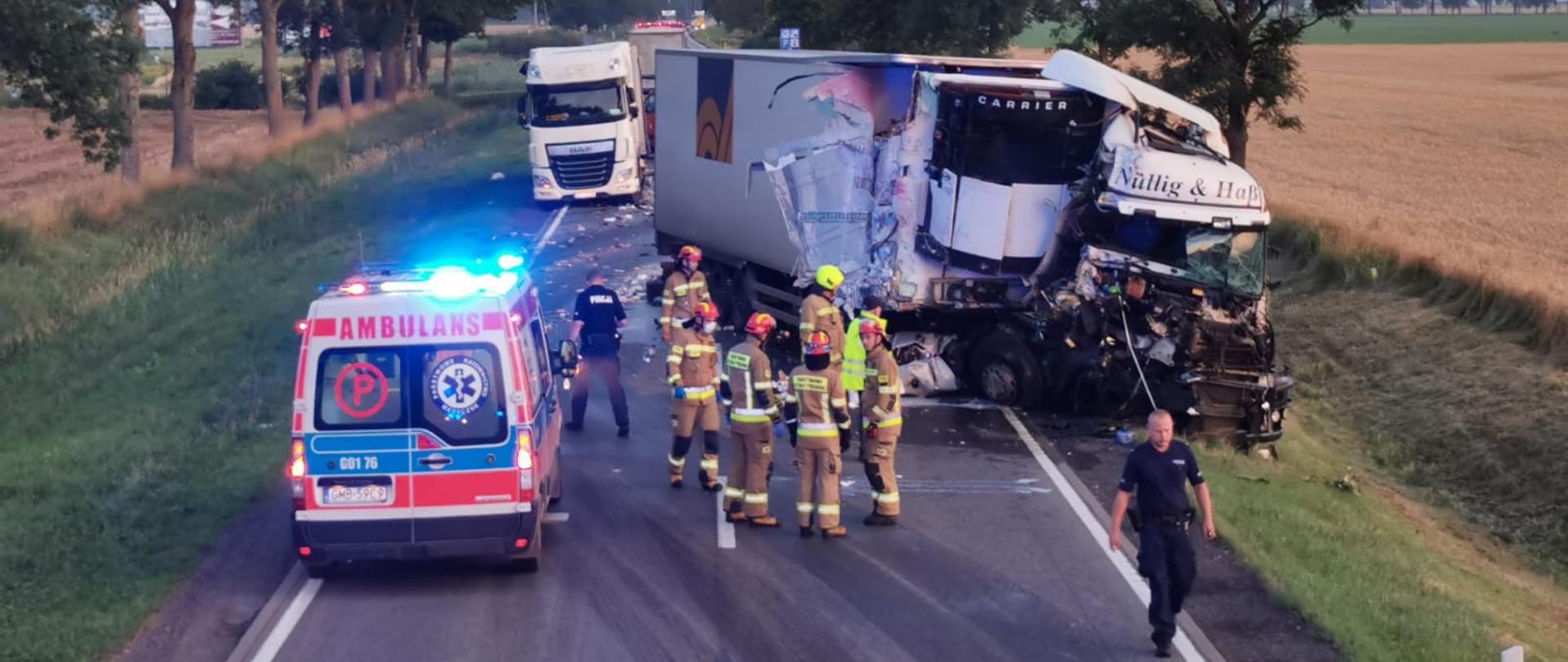 Fotografia przedstawia drogę krajową numer 22 w miejscowości Gnojewo gdzie doszło do wypadku dwóch samochodów ciężarowych. Na fotografii widać powypadkowy wrak pojazdu ciężarowego, karetkę pogotowia oraz strażaków i policjantów pracujących na miejscu zdarzenia.