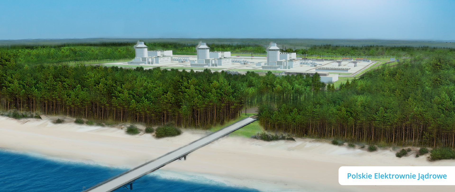 wizualizacja elektrowni atomowe. widać budynki położone w lesie nieopodal brzegu morza
