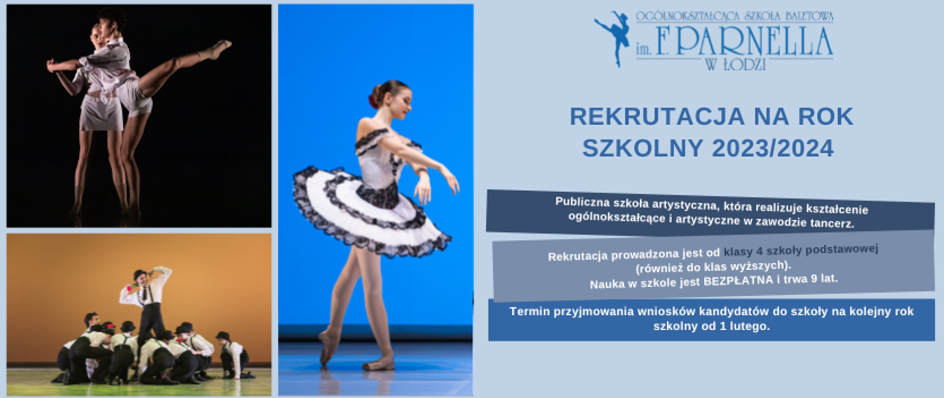 grafika: po prawej stronie grafiki napis rekrutacja na rok 2023/2024 rozpoczęta. Po lewej stronie znajdują się zdjęcia uczniów szkoły baletowej w Łodzi występujących na scenie Teatru Wielkiego w Łodzi