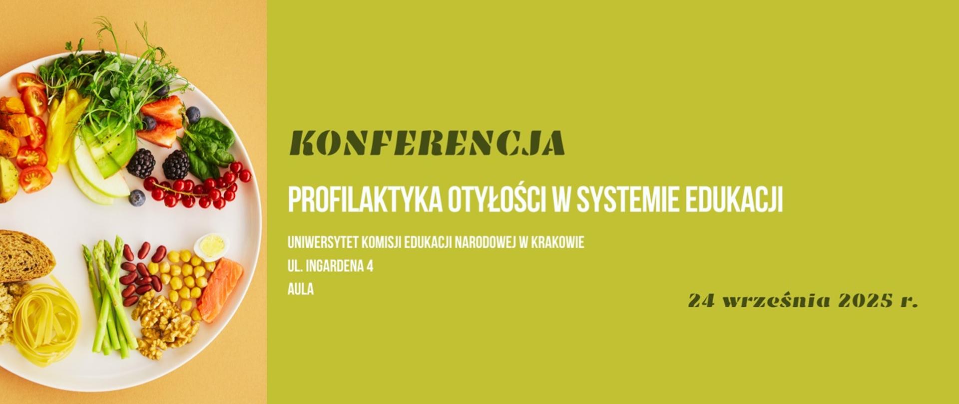 na zielonym tle, zdjęcie poglądowe talerz z warzywami i tekst Konferencja profilaktyka otyłości w systemie edukacji