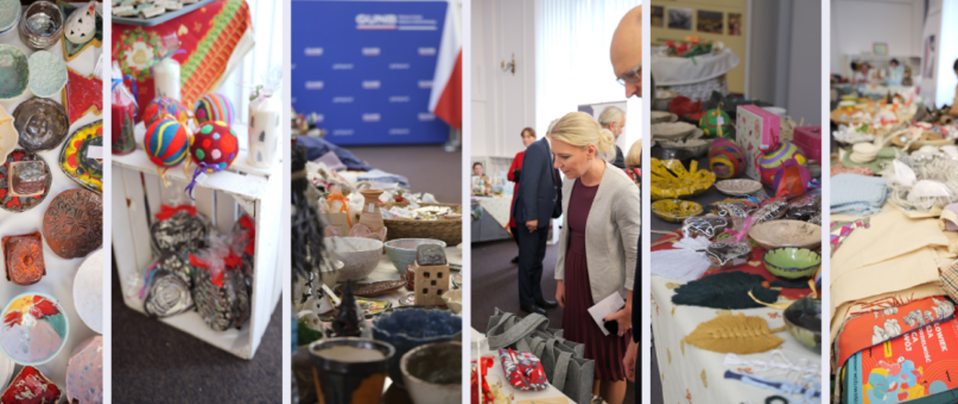 Kolaż sześciu zdjęć z targów rękodzieła, przedstawiający ceramikę, ozdoby, robótki ręczne, książki i osoby oglądające wystawione przedmioty.