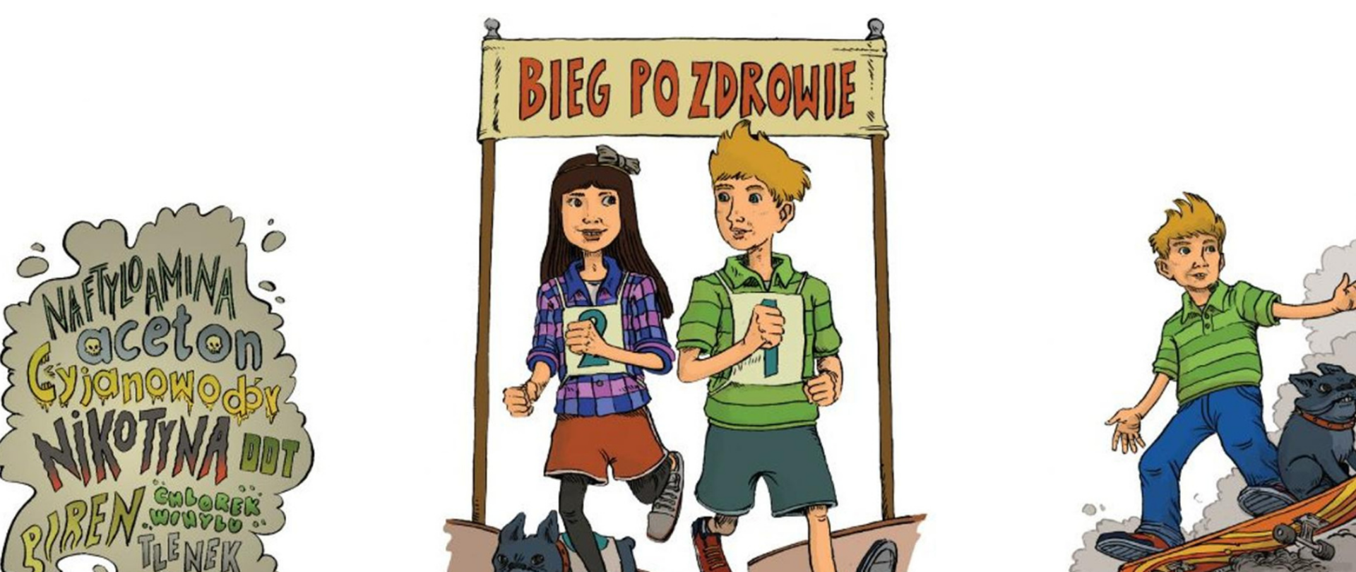 Grafika przedstawia niebiesko-różowy napis „Podsumowanie Bieg po Zdrowie” na białym tle. Napis otoczony jest żółtą, szeroką ramką na której znajdują się liście, kałuże, drzewka. W prawym górnym rogu jest przekreślony papieros w kołeczku, sygnalizujący zakaz palenia. 