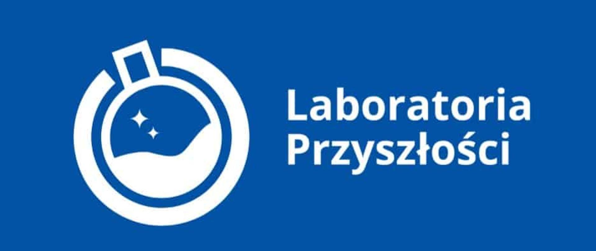 Na niebieskim tle, po lewej stronie ampułka z cieczą w środku a po prawej stronie napis" laboratoria przyszłości"