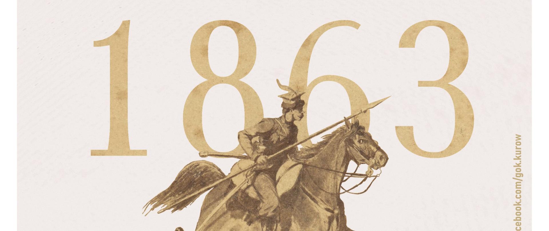 Plakat koncertu przedstawiający datę wybuchu powstania styczniowego i powstańca z bronią na koniu oraz szczegóły wydarzenia