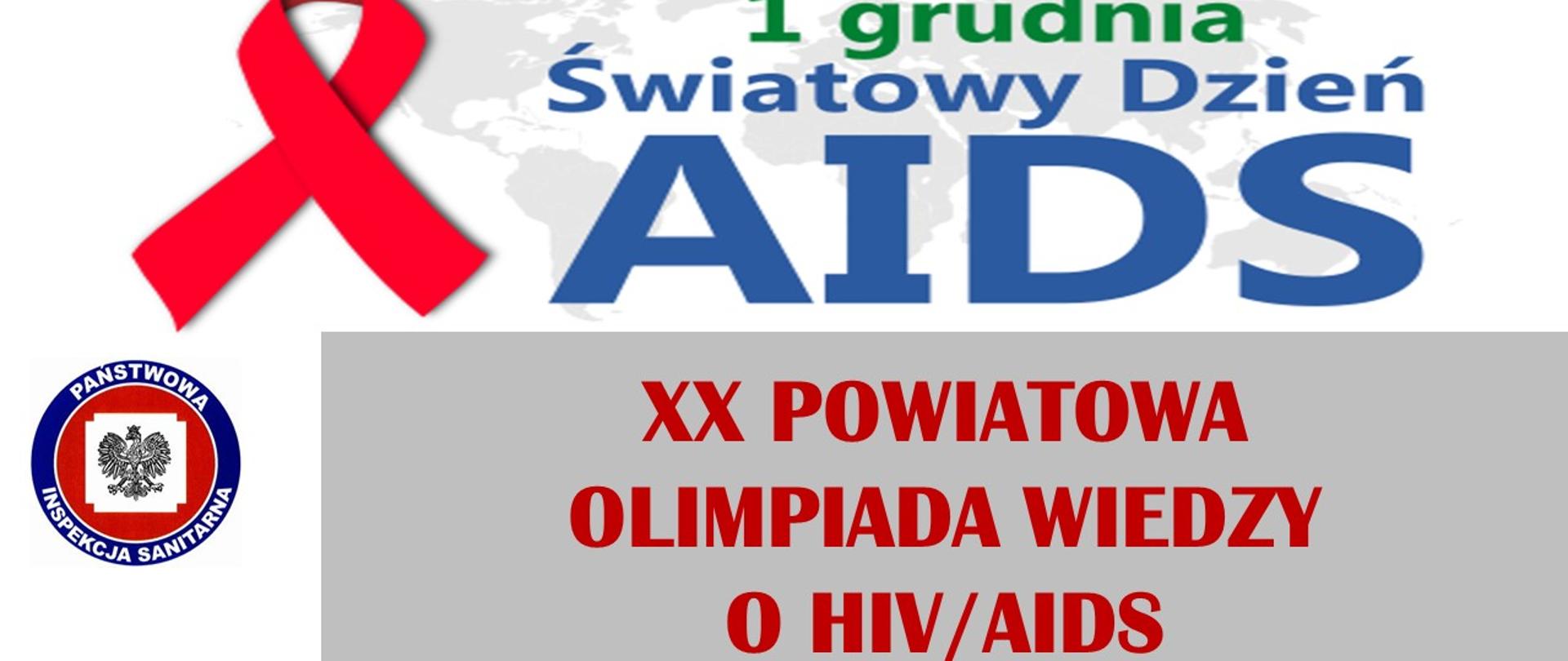 Ilustracja kolorowa napis 1 grudnia Światowy Dzień AIDS XX Powiatowa Olimpiada Wiedzy o HIV AIDS Starostwo Powiatowe w Słupcy 01.XII.2022 r.. logo inspekcji sanitarnej, kokardka czerwona symbol solidarności z osobami zakażonymi