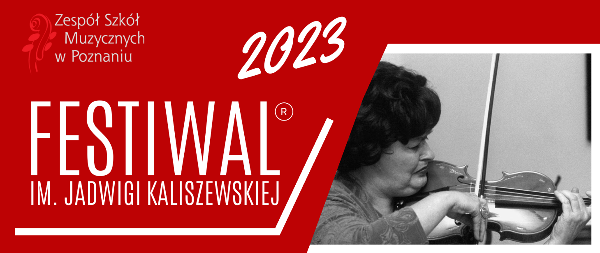 Czerwony baner ze zdjęciem grającej na skrzypcach Jadwigi Kaliszewskiej.