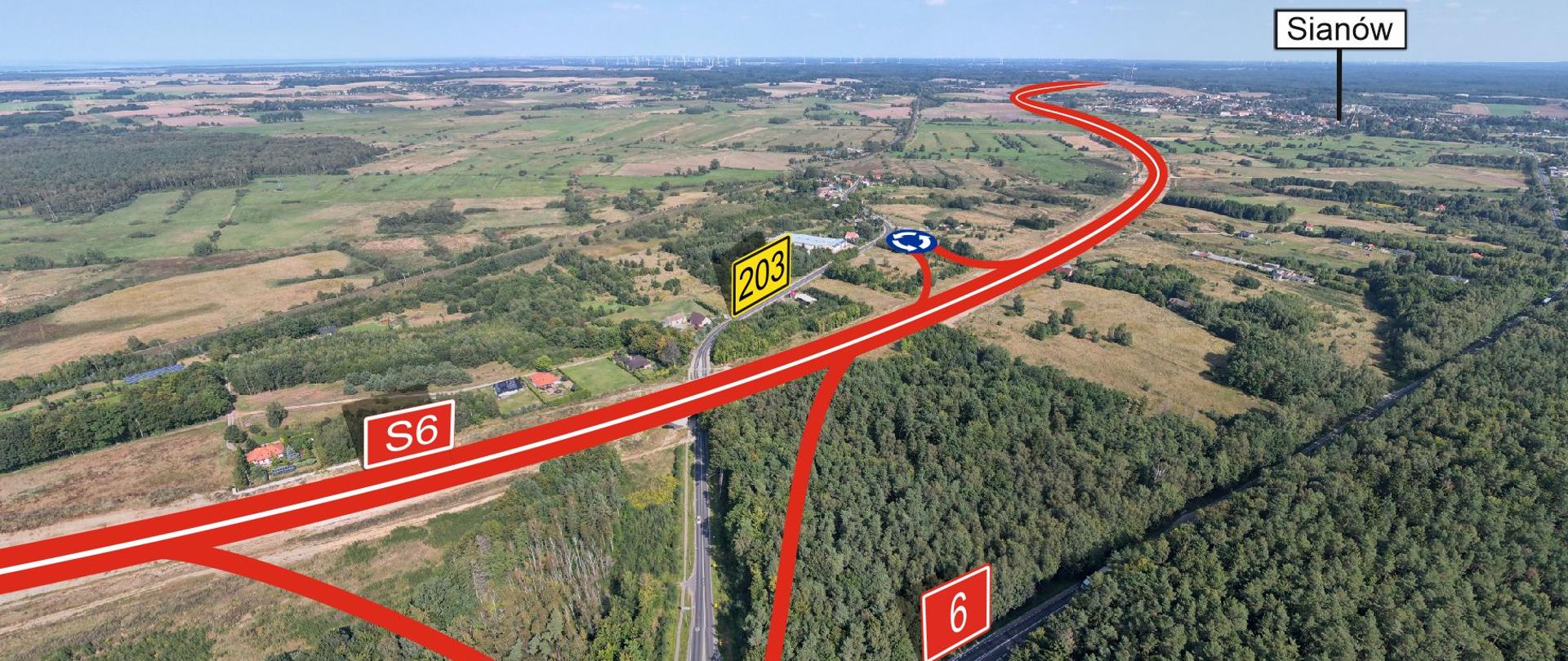 Schemat węzła Sianów Zachód nałożony na zdjęcie z powietrza