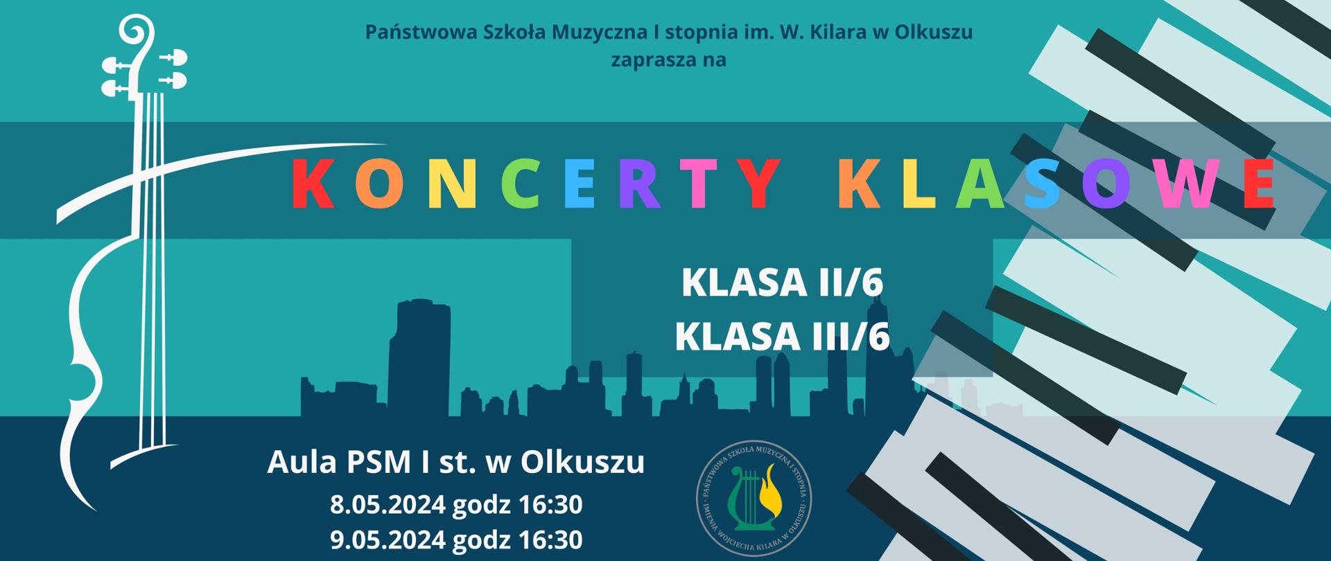 niebieskie tło, kolorowe napisy, zarys budynków miasta w tle, rysunek klawiatury i skrzypiec