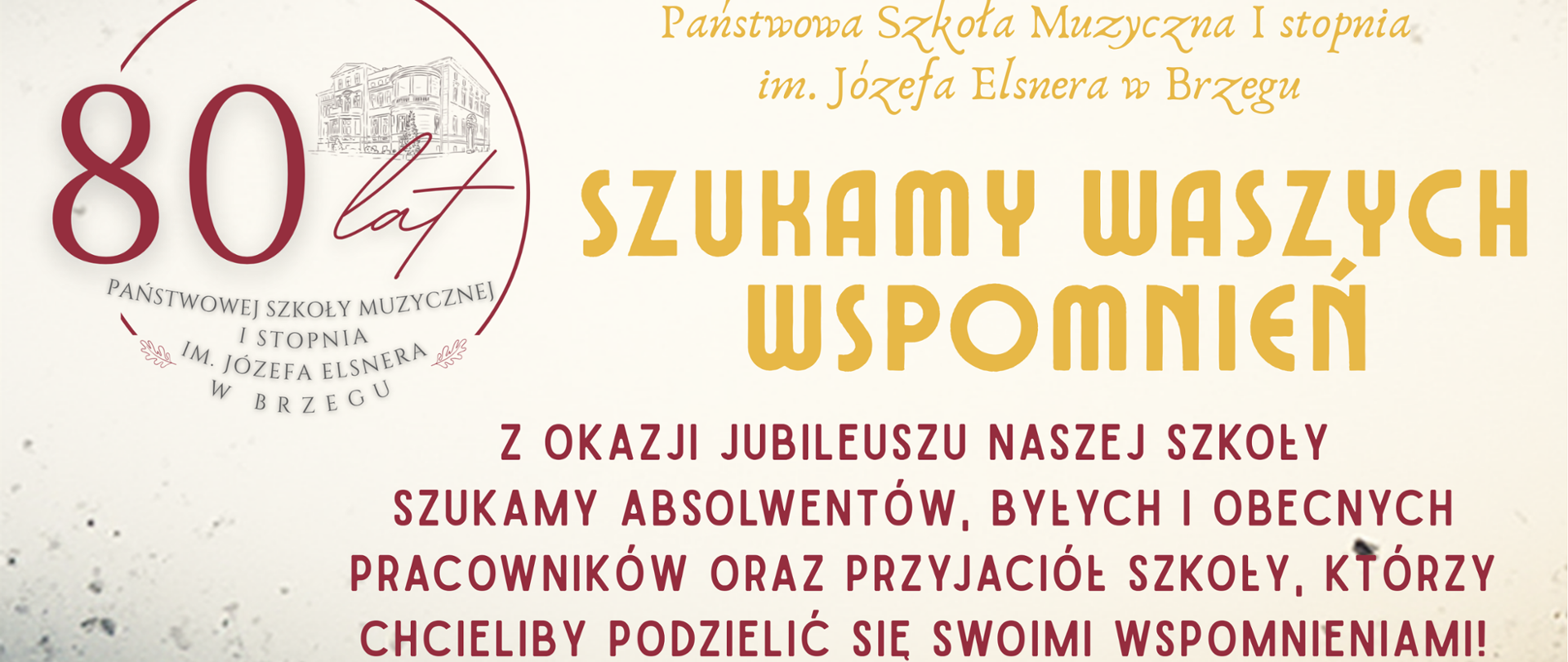 zdjęcie budynku szkoły, żółte, czerwone i czarne litery na beżowym tle