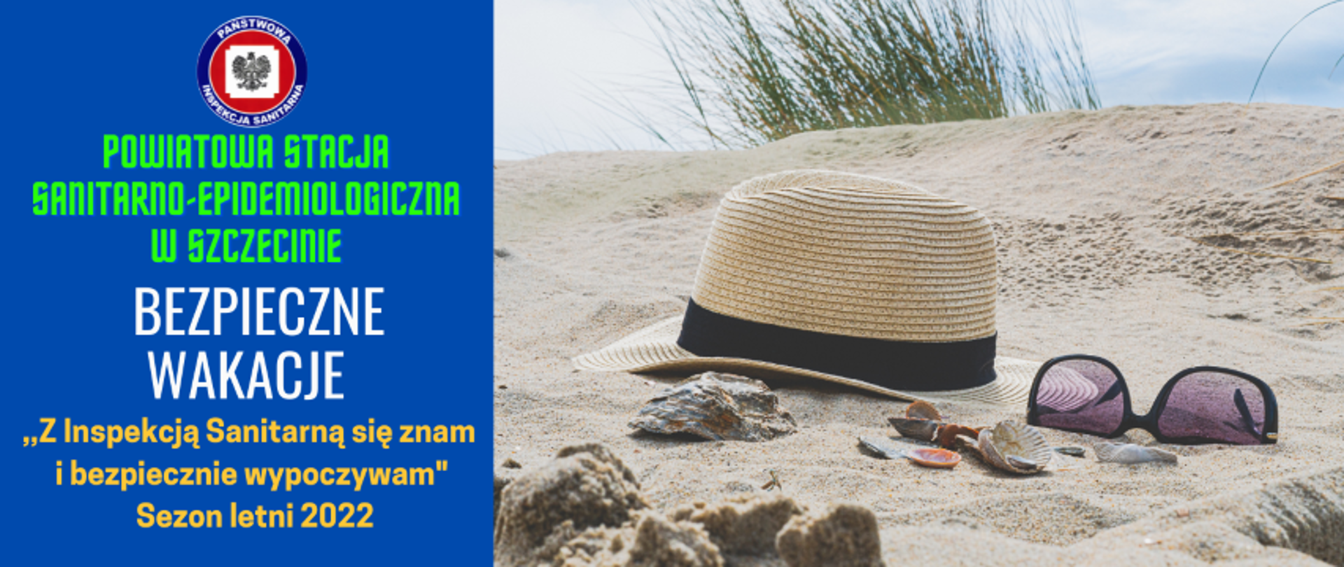 2022 Bezpieczne Wakacje z Inspekcją Sanitarną - kapelusz i okulary na plaży