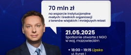Na ciemnoniebieskim tle z geometrycznymi kształtami, w centralnej części plakatu, znajduje się zdjęcie Marka Krawczyka, Podsekretarza Stanu KPRM. Mężczyzna jest ubrany w garnitur i jasnoniebieski krawat, patrzy prosto w obiektyw. Po lewej stronie u góry widnieje logo "Minister do spraw Społeczeństwa Obywatelskiego", a po prawej "NIW Narodowy Instytut Wolności Centrum Rozwoju Społeczeństwa Obywatelskiego".
Poniżej nagłówka "Nowy Program Wsparcia Organizacji Pozarządowych na rok 2025" znajduje się duży napis "Moc Małych Społeczności".
Poniżej zdjęcia Marka Krawczyka, w dużej, białej ramce z zaokrąglonymi rogami, wyróżniono kwotę "70 mln zł" przeznaczoną "na wsparcie instytucjonalne małych i średnich organizacji z terenów wiejskich i mniejszych miast".
Poniżej białej ramki, po prawej stronie, znajduje się informacja o spotkaniu otwartym z NGO w woj. mazowieckim, które odbędzie się "21.05.2025" w Lipsku, ul. Rynek 1, w Starostwie Powiatowym w Lipsku, w sali konferencyjnej, w godzinach "18:00 - 19:15".