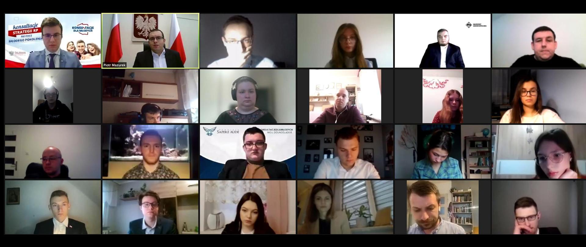 Konsultacje strategii na rzecz młodego pokolenia - zrzut ekranu pokazujący uczestników wideospotkania