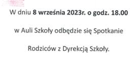 Plakat z informacją o zebraniu z rodzicami, które odbędzie si w dniu 8 września 2023r. o godz. 18:00; informacja umieszczona jest na białym tle napisem czarnym, w lewym górnym rogu znajduje się czerwona pieczątka ZPSM w Dębicy