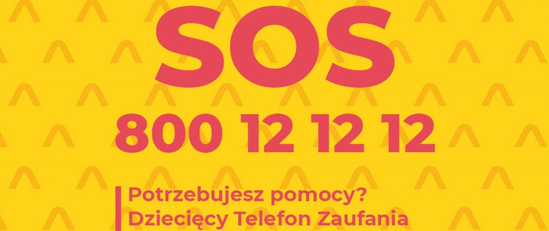 Plansza na żółtym tle z różowym napisem telefon zaufania rzecznika praw dziecka 800 12 12 12