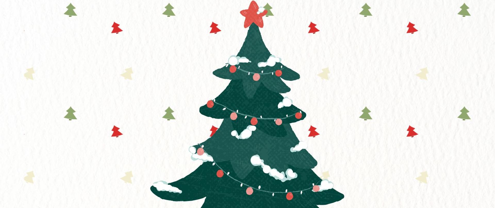 Zdjęcie przedstawia plakat z drzewkiem choinkowym w centralnej części. Górę i dół plakatu stanowią ornamenty świąteczne. Napis na plakacie o treści: "Zapraszamy na wieczór kolęd 22 grudnia 2022 r. godz. 16.30 sala koncertowa Państwowej Szkoły Muzycznej im Karola Szymanowskiego w Prudniku."