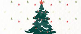 Zdjęcie przedstawia drzewko choinkowe przystrojone w ozdoby świąteczne.