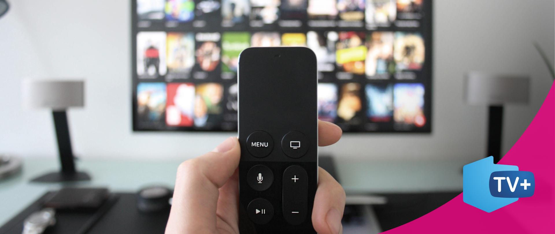 zdjęcie przedstawiające pilota trzymanego w dłoni, w tle widać telewizor. 