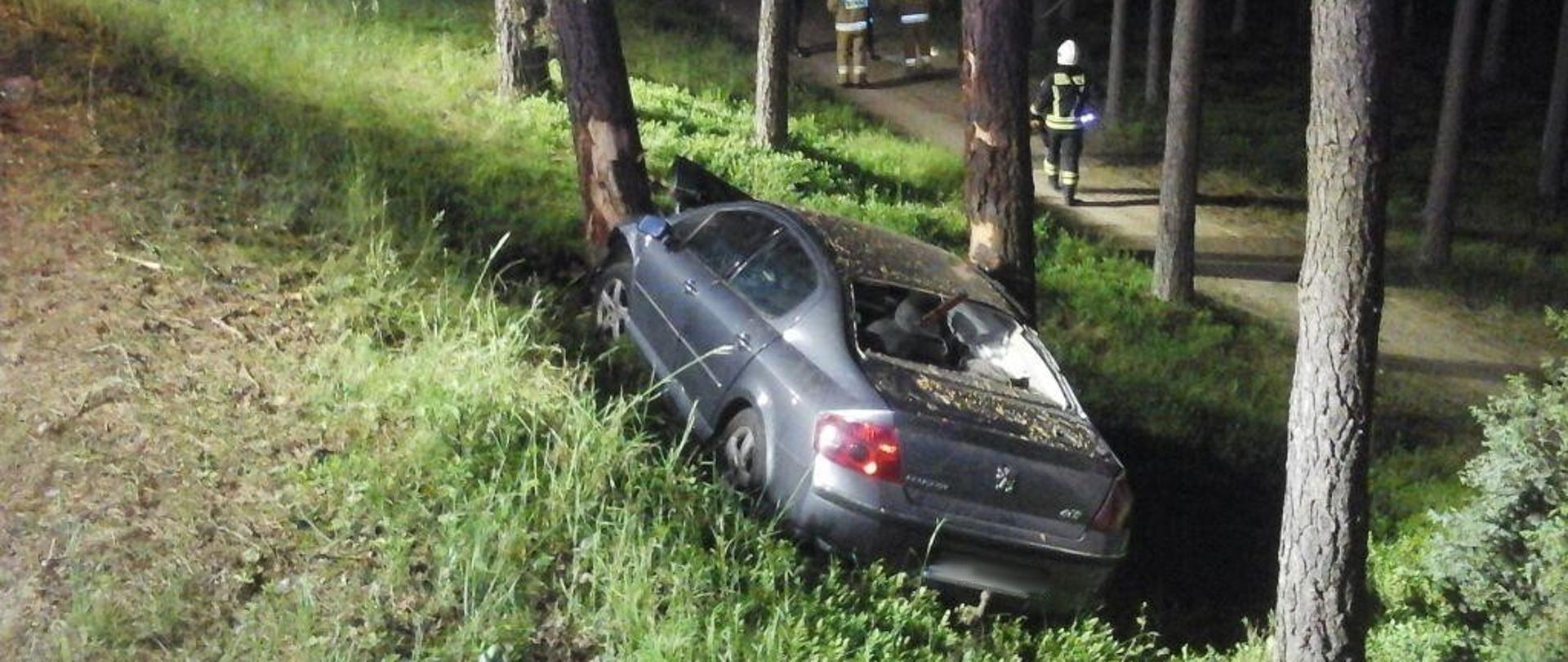Pora nocna, samochód osobowy widziany od tyłu oświetlony światłem sztucznym, na poboczu drogi oparty o przydrożne drzewa. W tle w lesie widać pracujących strażaków. 