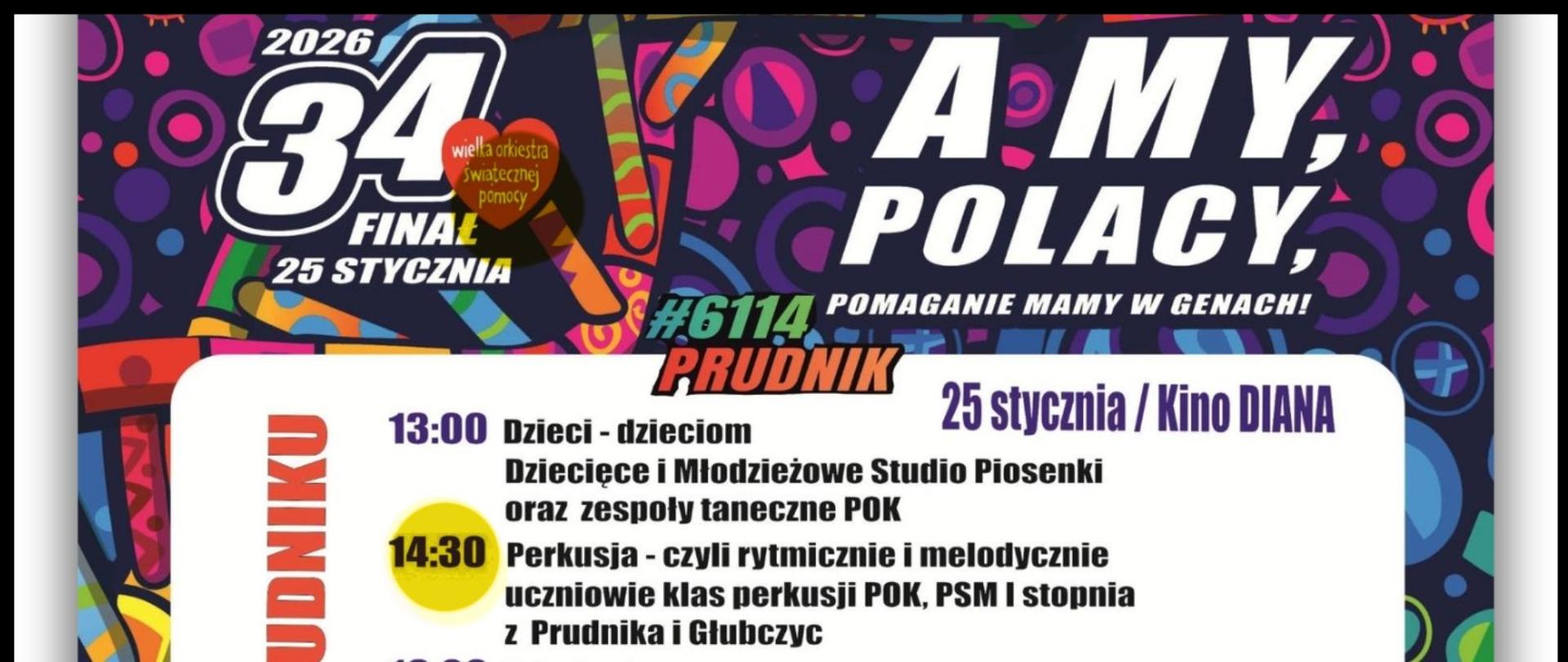 Baner z informacją o koncercie uczniów PSM I st. w Prudniku podczas WOŚP. Baner ozdobiony wielokolorową grafiką.
