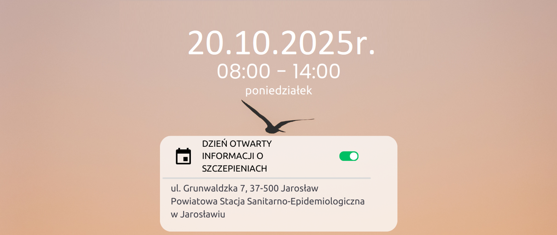 20 PAŹDZIERNIKA 2025 roku, poniedziałek, w godzinach od 8:00 do 14:00 odbędzie się Dzień Otwarty Informacji o Szczepieniach w Powiatowej Stacji Sanitarno-Epidemiologicznej w Jarosławiu, ul, Grunwaldzka 7