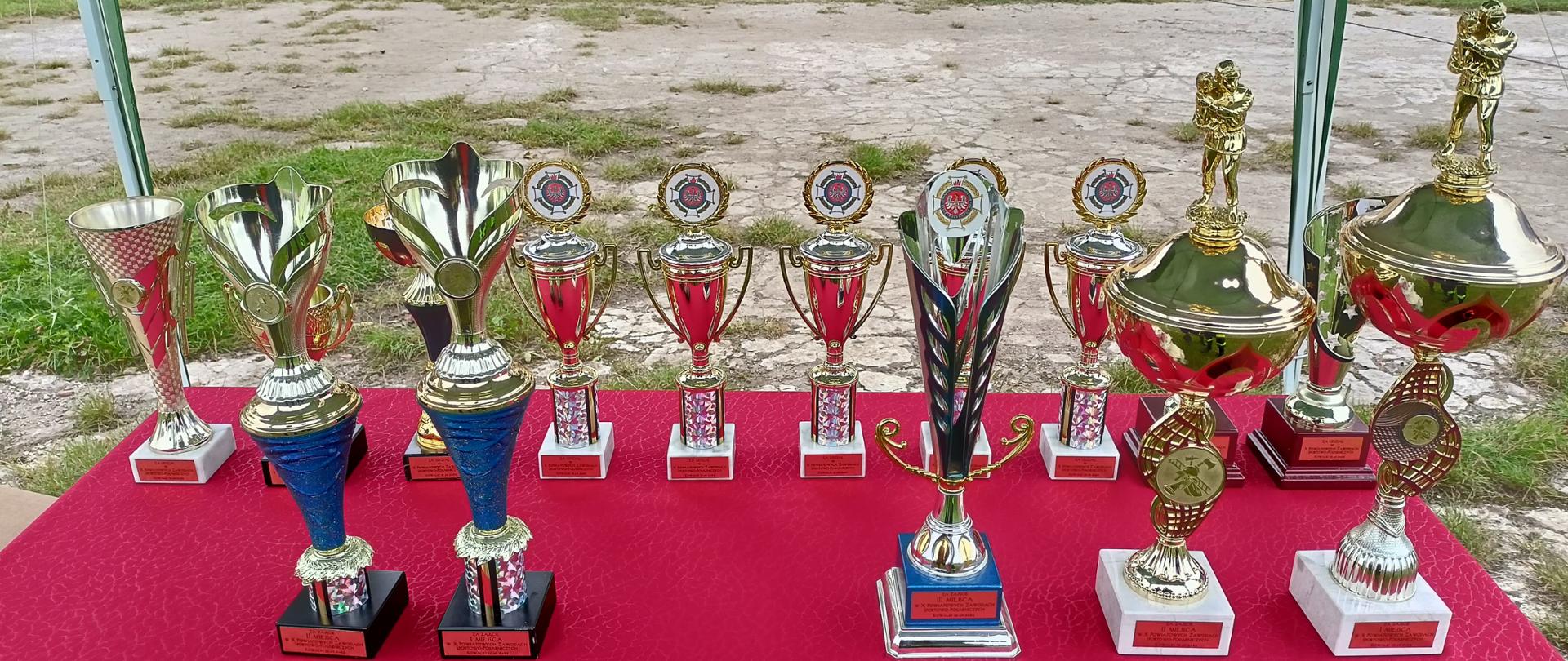 Zdjęcie przedstawia stół pokryty czerwonym obrusem, na którym stoją puchary dla uczestników zawodów.