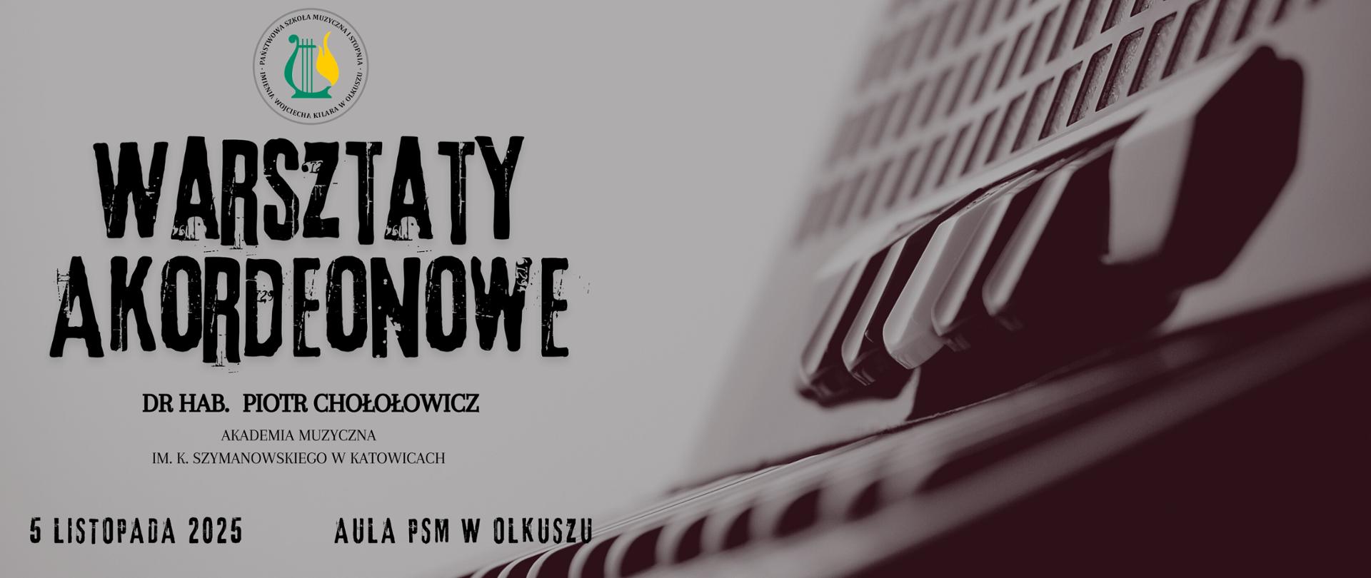 szare tło, czarne napisy, zarys akordeonu z prawej strony