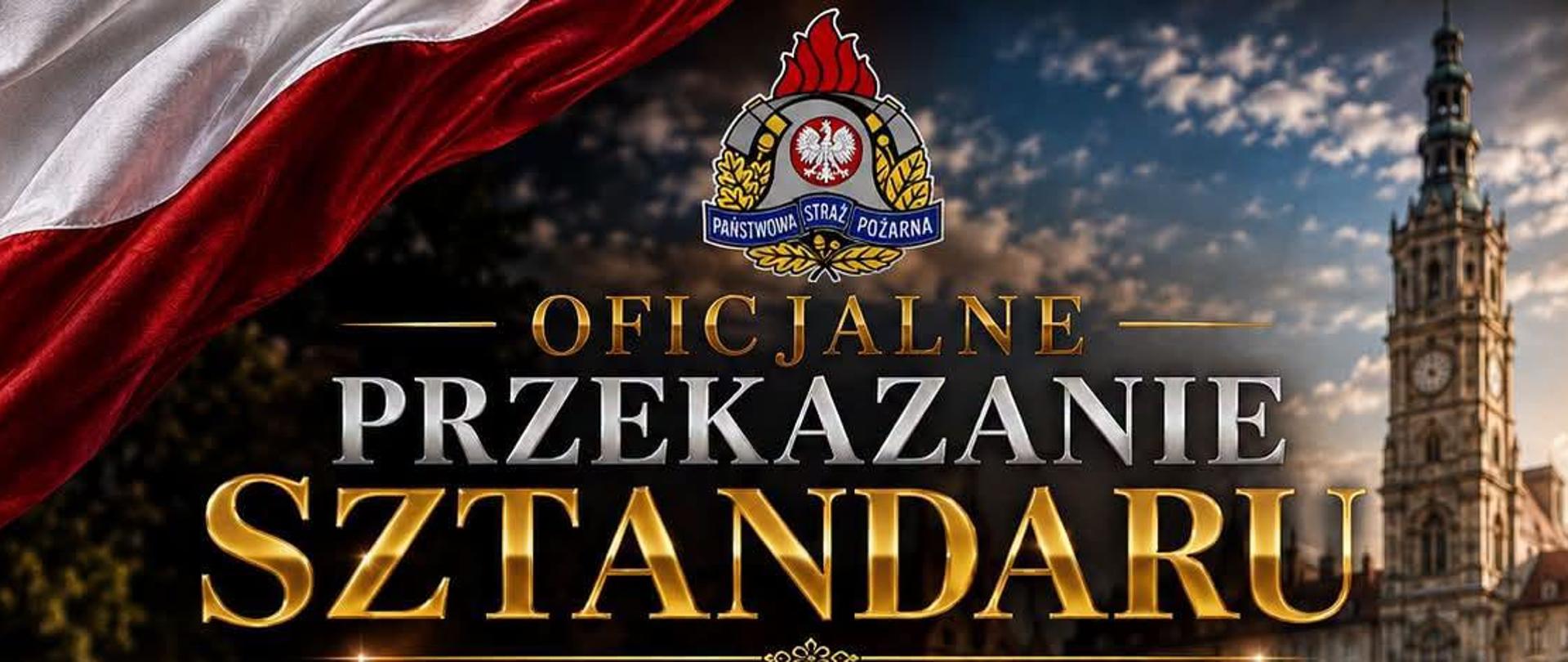 Grafika promująca uroczyste przekazanie sztandaru Komendzie Powiatowej Państwowej Straży Pożarnej w Świdnicy. W centralnej części widoczny jest sztandar w biało-czerwonych barwach z godłem Polski oraz napisami „W służbie” i „Bogu i Ojczyźnie”. W tle znajduje się świdnicki Rynek, wieża ratuszowa oraz szyk strażaków PSP w umundurowaniu galowym. W górnej części umieszczono flagę Polski i logo Państwowej Straży Pożarnej.
Uroczystość odbędzie się 4 września 2026 r. O godz. 12:00 zaplanowano Mszę Świętą w Katedrze Świdnickiej, natomiast o godz. 13:30 uroczyste przekazanie sztandaru na świdnickim Rynku. Na dole grafiki znajduje się hasło: „Honor • Tradycja • Wspólny cel • Bezpieczeństwo” oraz oznaczenie „Grafika AI”.