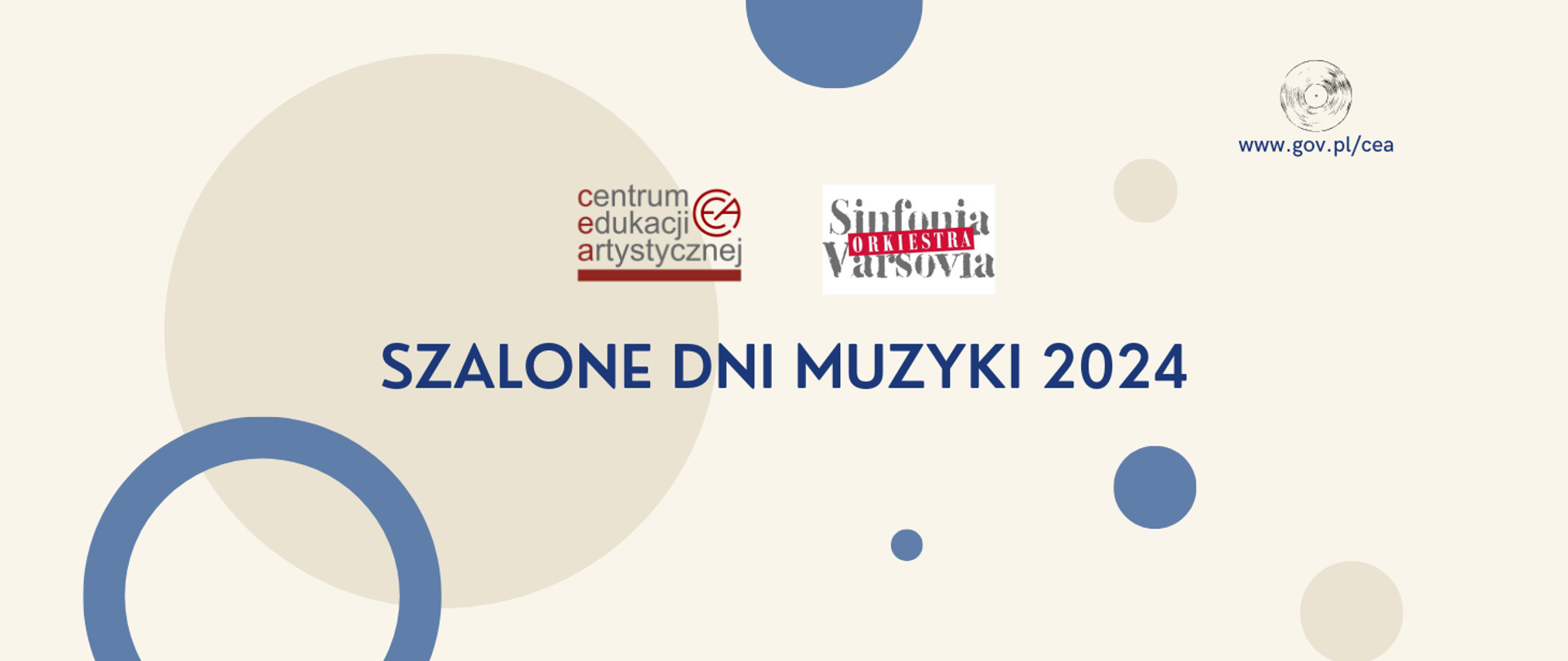 Logotypy CEA i orkiestry Sinfonia Varsovia na pastelowym tle z elementami ikon w kształcie kół