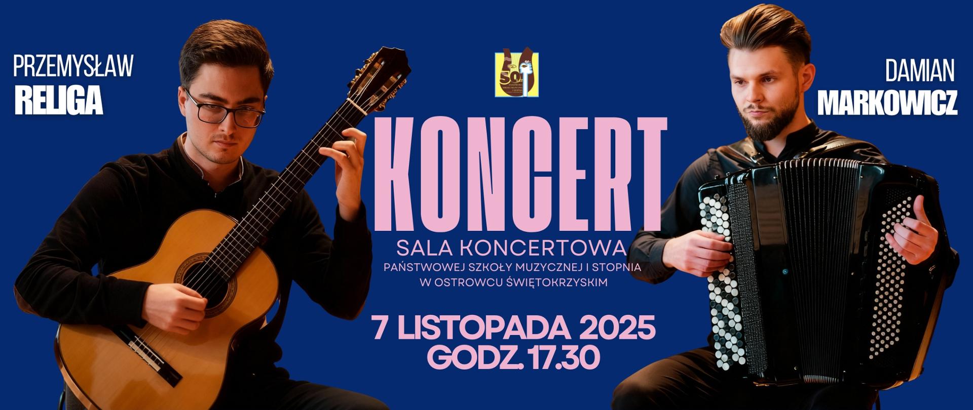 gitarzysta i akordeonista na niebieskim tle z fioletowymi literami informującymi o koncercie, w centrum logo szkoły