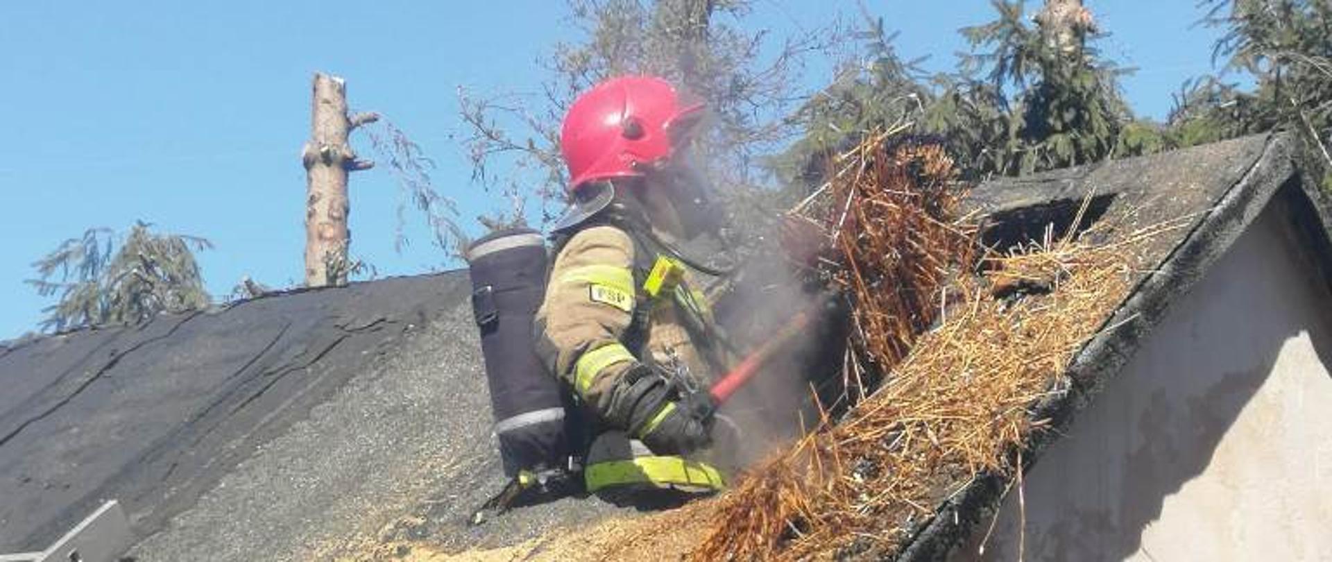 Kolorowa fotografia wykonana w dzień przedstawia akcję gaśniczą straży pożarnej gaszenia budynku gospodarczego. Na zdjęciu w otworze w dachu widać umundurowanego strażaka w czerwonym hełmie i w aparacie powietrznym, usuwającego palące się materiały z poddasza, z którego wydobywa się dymu. 