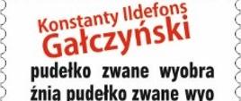 Grafika przedstawia projekt znaczka pocztowego inspirowanego twórczością Konstantego Ildefonsa Gałczyńskiego. Na znaczku widnieje jego imię i nazwisko zapisane w czerwonym kolorze u góry, a poniżej – w czarnym tekście – fragment jego znanego utworu „Pudełko zwane wyobraźnią”, powtarzający frazę: „pudełko zwane wyobraźnią”.
Całość jest otoczona charakterystyczną perforowaną ramką, typową dla znaczków pocztowych.