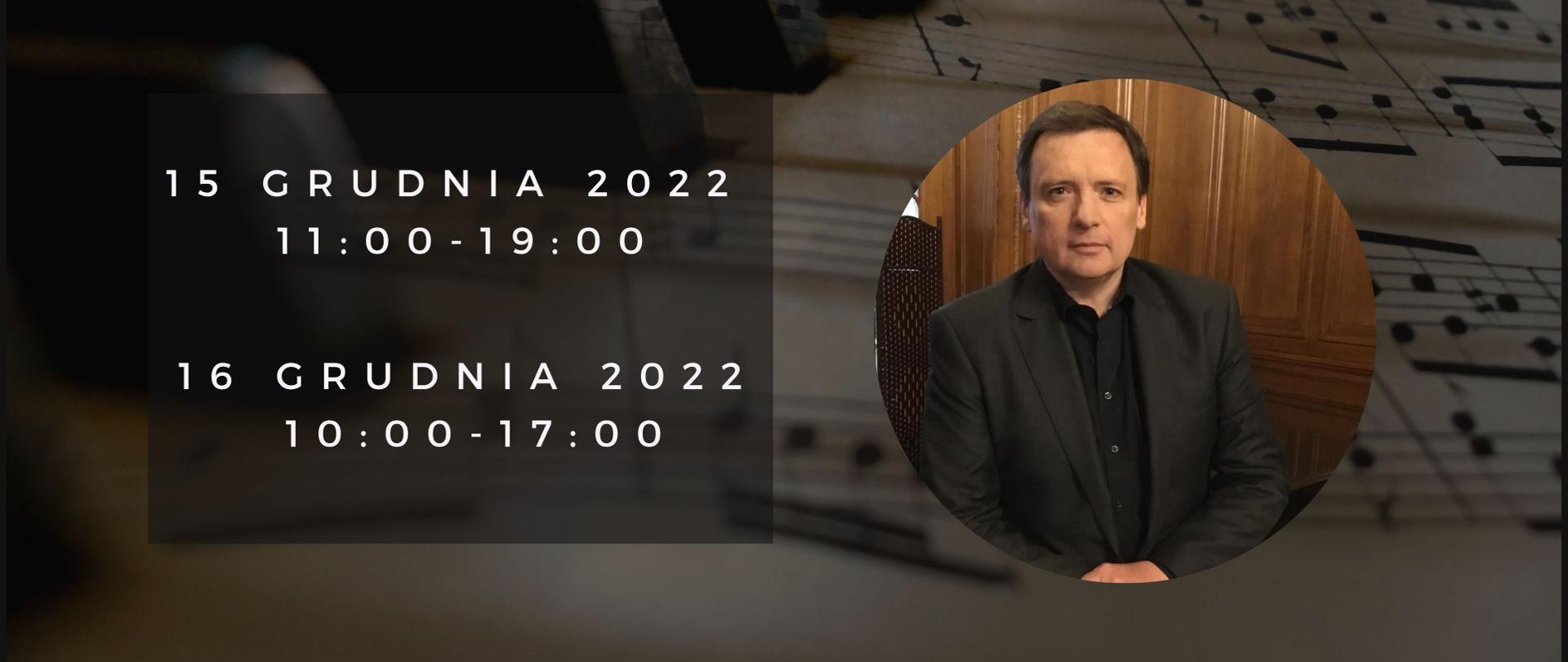 Plakat przedstawia zapowiedź warsztatów fortepianowych na tle klawiatury fortepianu i nut z prawej strony widnieje portret Witolda Holtza z lewej strony na szarym kwadracie widnieje napis 15 grudnia 2022 11.00-19.00 , 16 grudnia 10.00-17.00, u góry plakatu znajduje się napis Państwowa Szkoła Muzyczna I i II st. im. W. Lutosławskiego w Krasnymstawie , Warsztaty pianistyczne dr hab. Witold Holtz prof. AM w Łodzi "Środki pianistyczne jako warunek poprawnego wykonania utworu