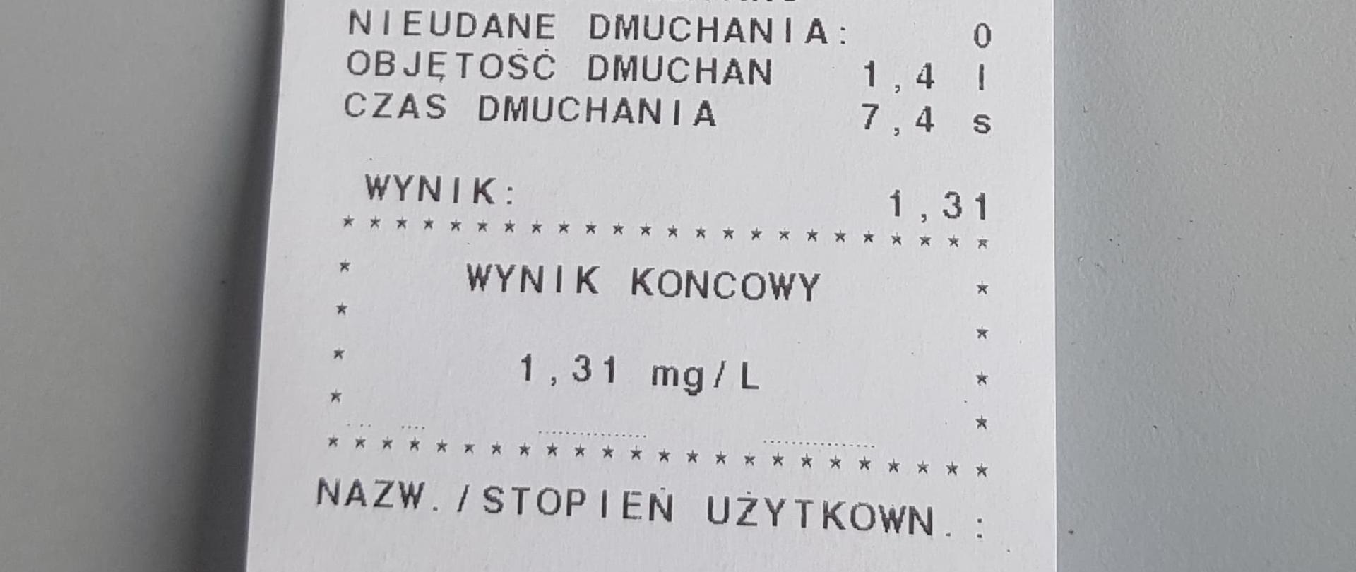 Wynik badania alkomatem.