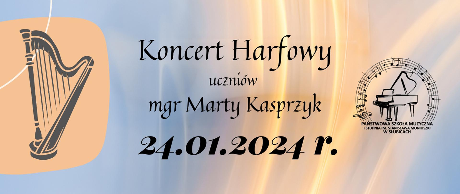 Grafika zapowiadająca koncert harfowy. Zawiera grafikę przedstawiającą harfę, logo szkoły oraz datę i nazwę koncertu.