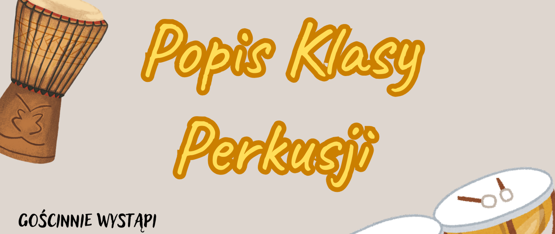 Plakat promujący popis klasy perkusji. Widoczne porozrzucane w losowych miejscach instrumenty takie jak kotły, ksylofon, talerze, werbel. W centrum napisz o treści: "Popis Klasy Perkusji" wtorek 29 kwietnia 2025 sala koncertowa godzina 17:30.