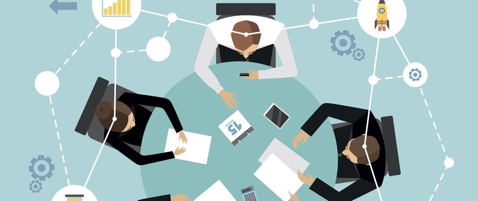 Przy stole siedzą 3 postacie trzymając kartki, urządzenie mobilne 