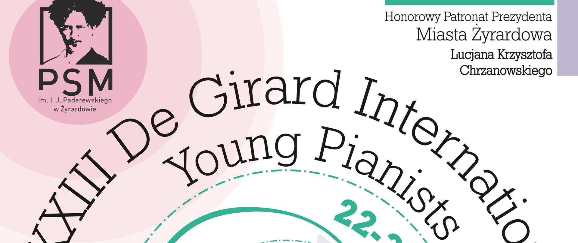plakat, jasne tło, po lewej stronie pionowo grafika klawiatury fortepianu, pośrodku zielona grafika popiersia De Girard-a, napisy półokrągłe czarne "XXIII DGIYPC "
