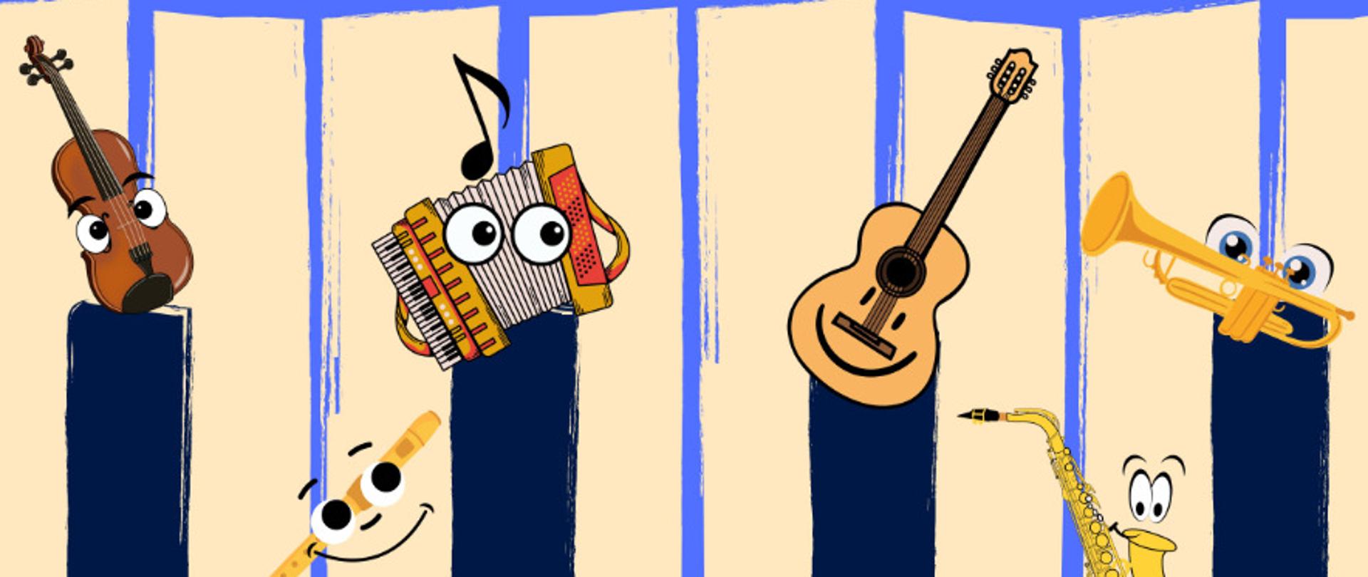 Plakat na koncert Mistrz i Uczeń. Na niebieskim tle u góry informacja o koncercie. Na dole instrumenty na tle klawiszy pianina