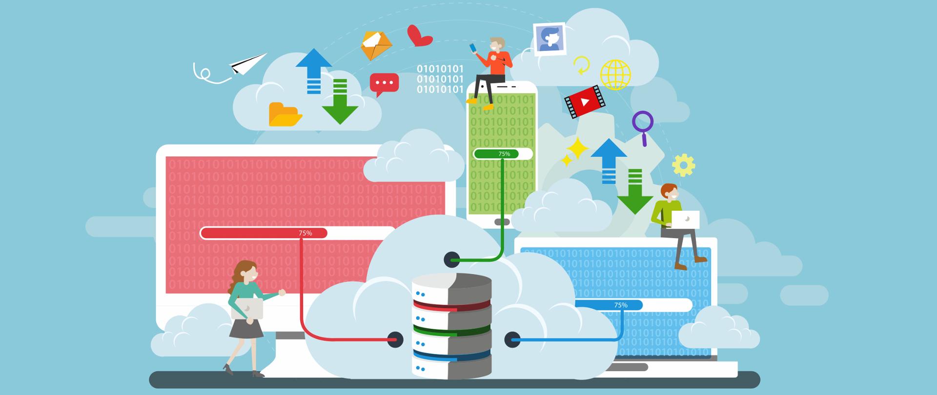 Grafika wektorowa z niebieskim tłem. Na obrazku widać postaci z laptopami i smartfonem. Widać też powiększone ikony symbolizujące laptopy i smartfon. Pojawiają się inne ikony związane z cyfryzacją: folder, media społecznościowe, internet.