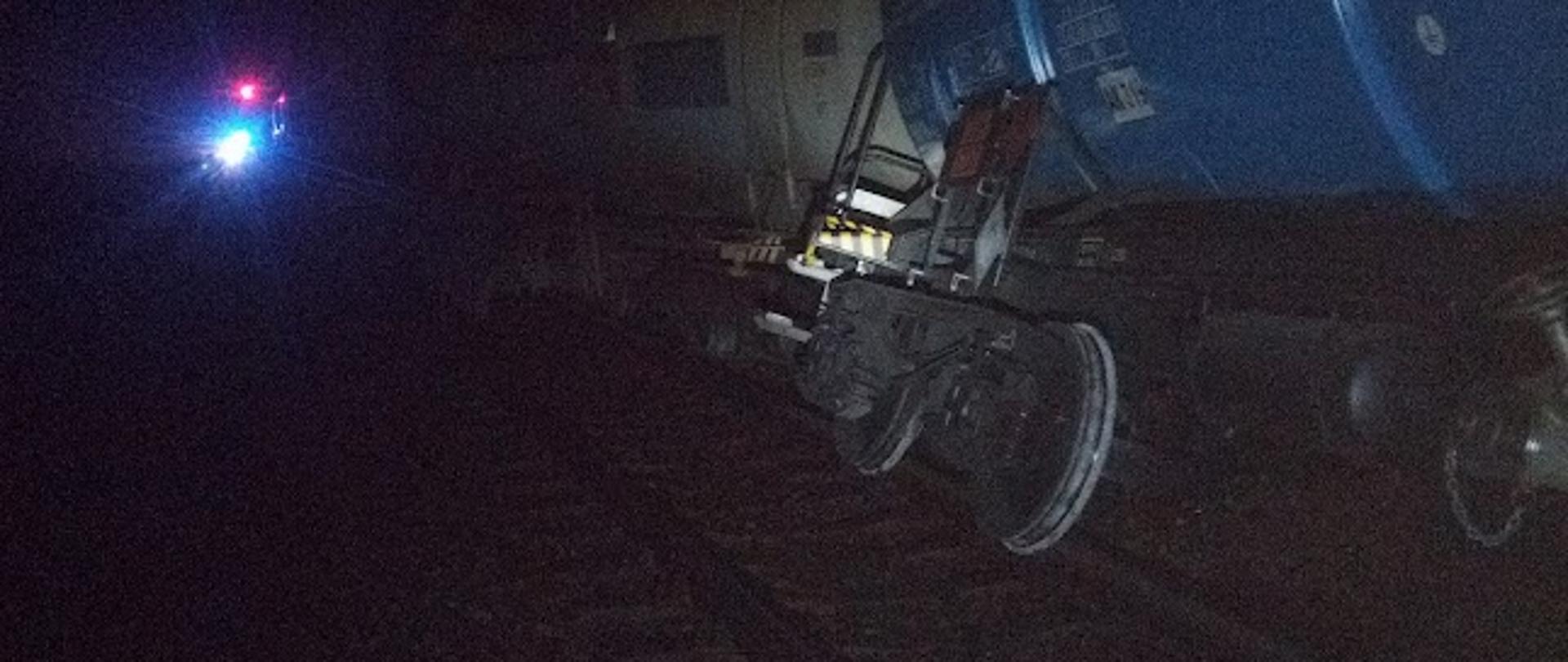 Wykolejony wagon po zderzeniu składu pociągu z dzikim zwierzęciem.