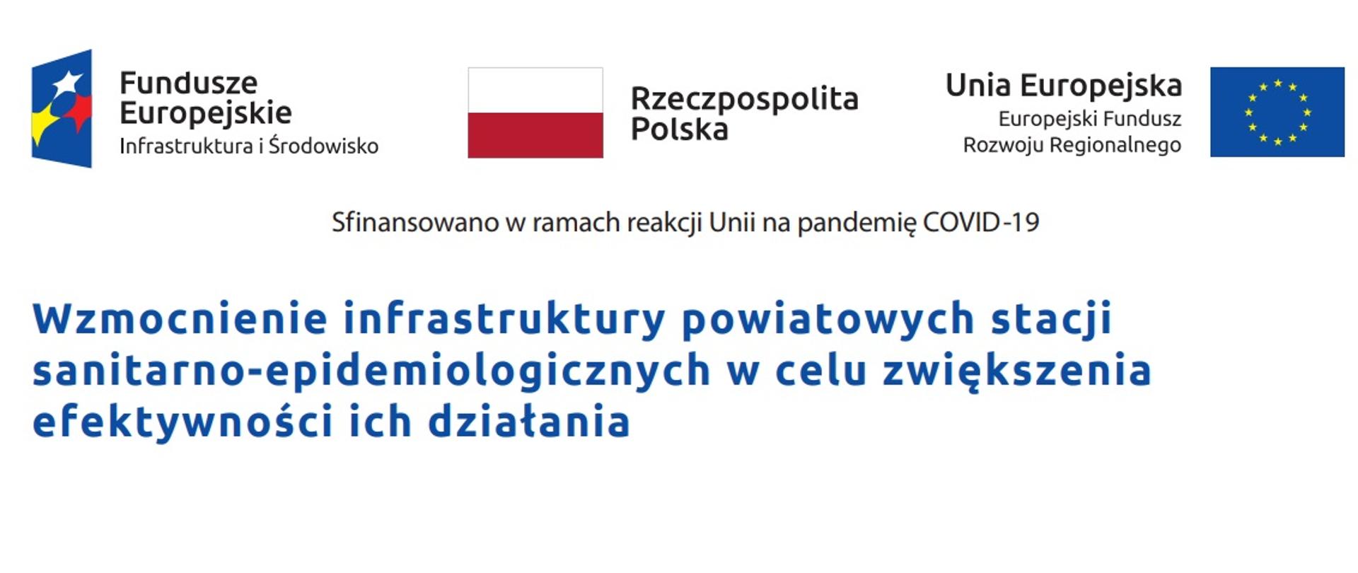 Grafika przedstawia tekst "Sfinansowano w ramach reakcji Unii na pandemię COVID-19. Wzmocnienie infrastruktury powiatowych stacji sanitarno-epidemiologicznych w celu zwiększenia efektywności ich działania". Grafika jest w kolorze białym, na górze znajduje się logo Fundusze Europejskie Infrastruktura i Środowisko, flaga Rzeczpospolitej Polski oraz flaga Uni Europejskiej Europejski Fundusz Rozwoju Regionalnego