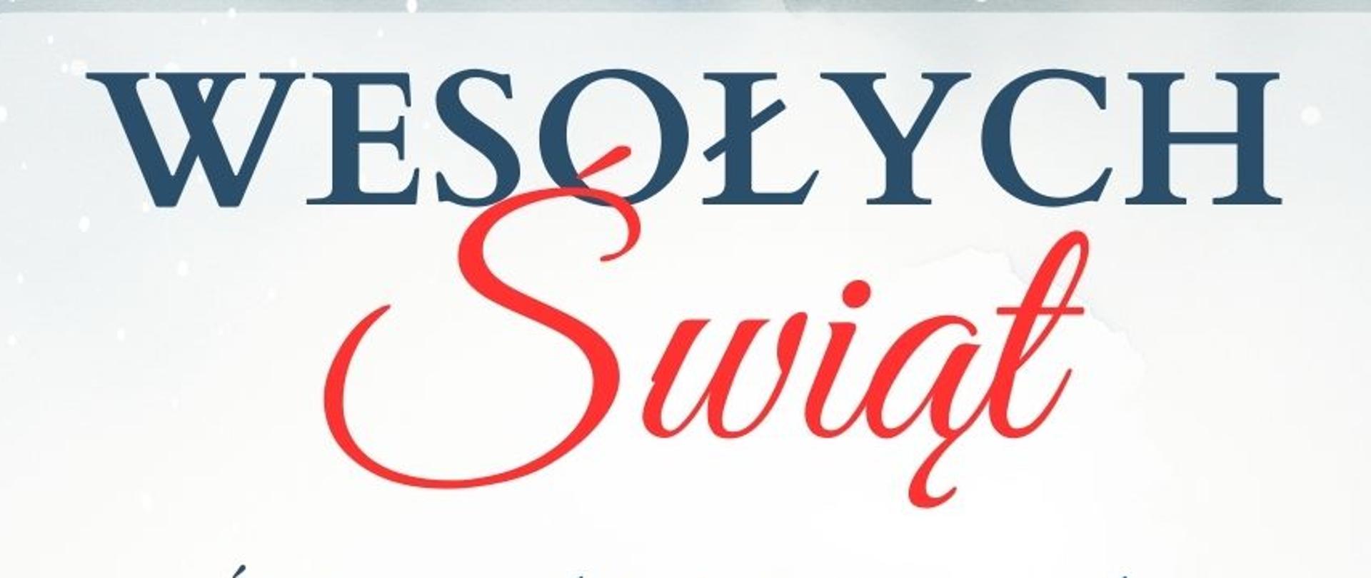 W tle namalowany pejzaż zimowy, na środku napisane życzenia świąteczne.