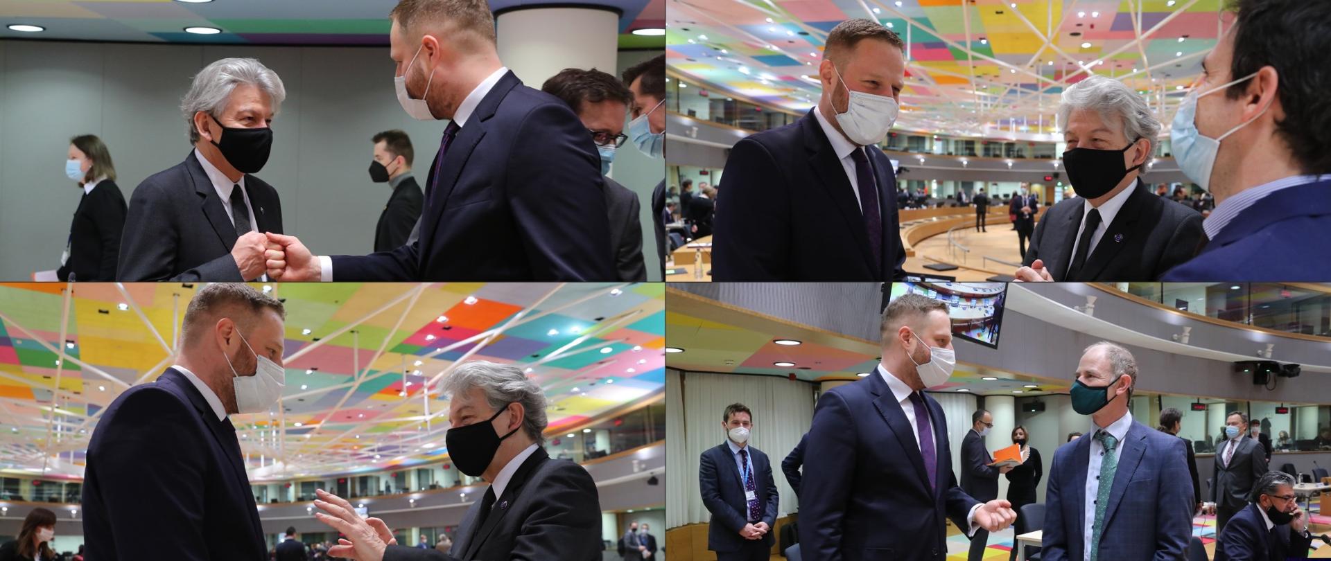 Minister Janusz Cieszyński na unijnej Radzie TTE. Kolaż zdjęć ministra Janusza Cieszyńskiego ze spotkania Rady, zdjęcia z rozmów z innymi ministrami oraz komisarzem Thierrym Bretonem