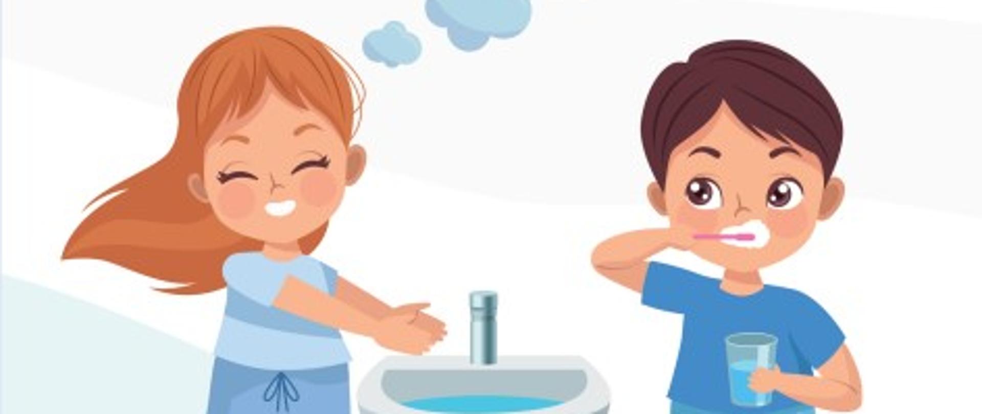 Na grafice znajduje się dwójka dzieci ( chłopiec i dziewczynka), które stoją przy zlewie. Dziewczynka myje ręce a chłopiec myje zęby. Pod grafiką jest napis w języku polskim i ukraińskim: Sami dbamy o swoje zdrowie!