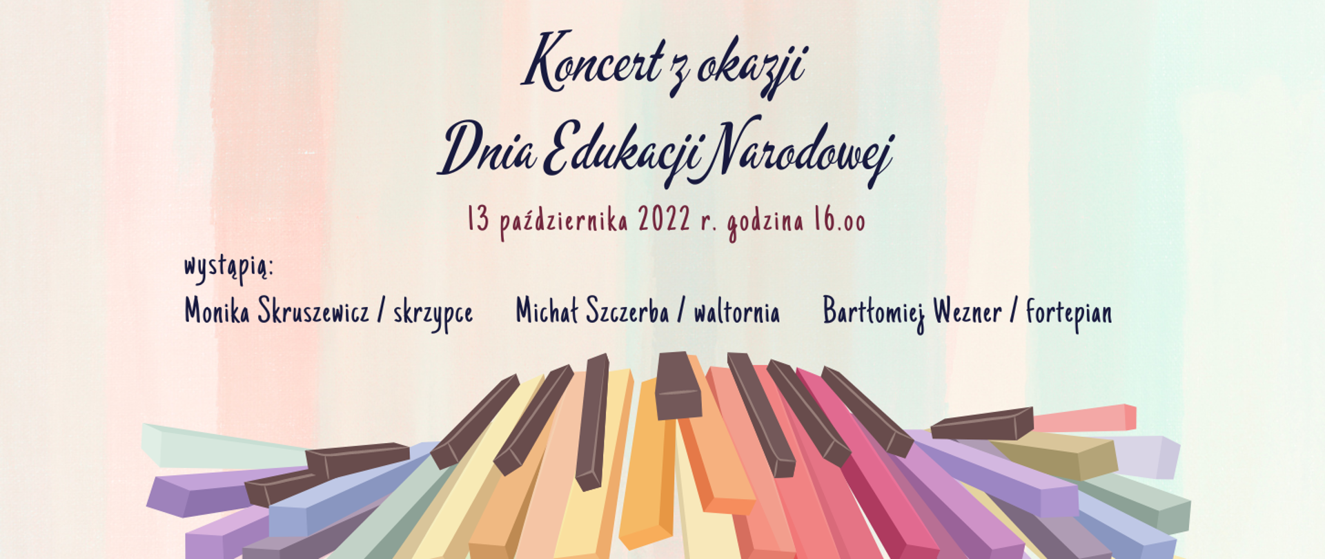 Grafika - na jasnym tle kolorowa klawiatura oraz tekst informujący o koncercie.
