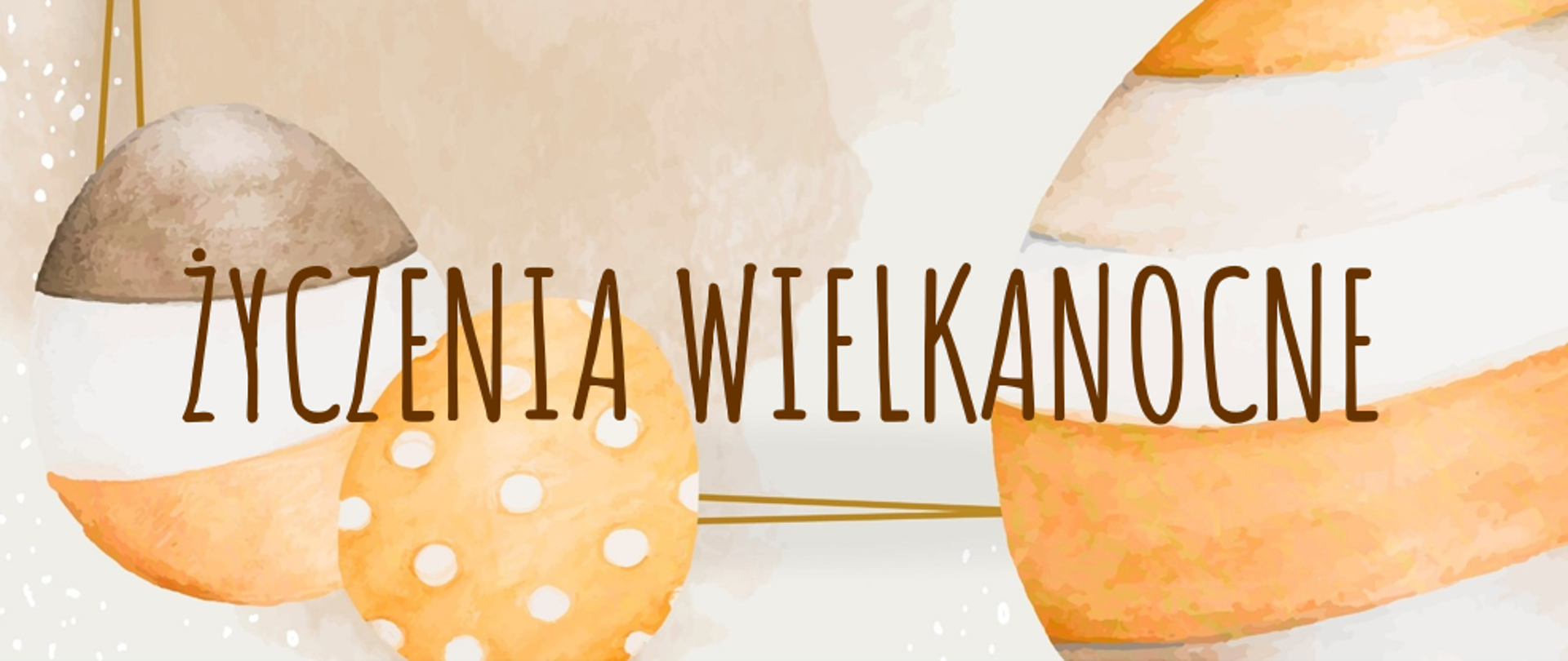 Pisanki w odcieniach brązu i żółci na beżowym tle z napisem "Życzenia Wielkanocne" brązową czcionką.