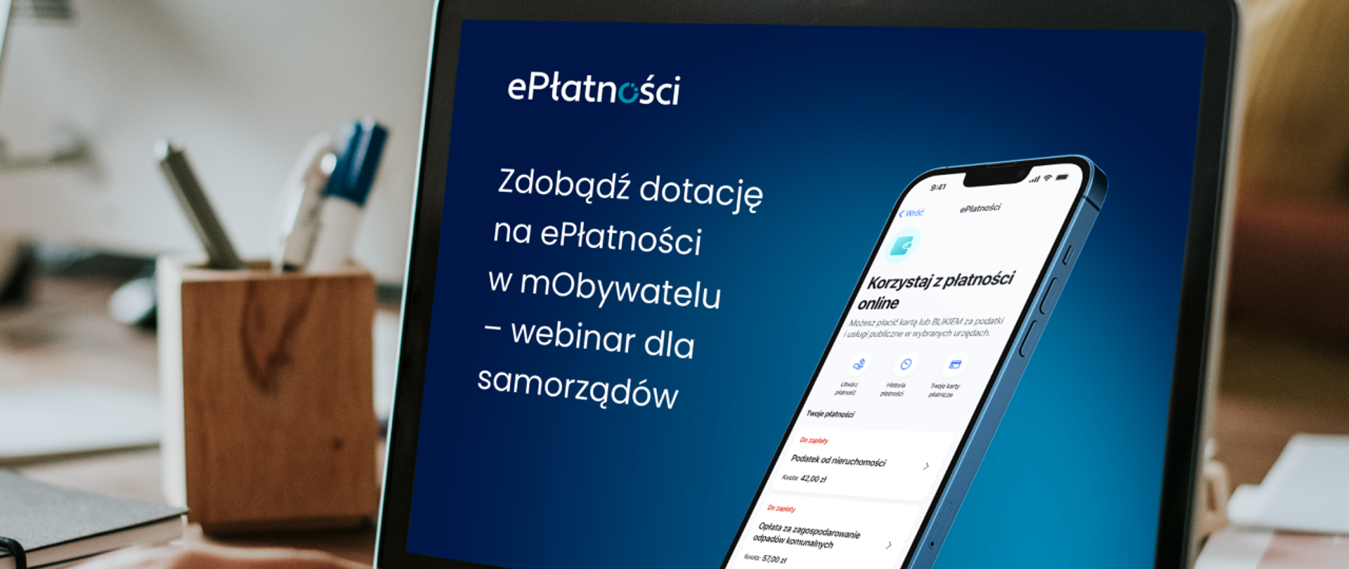 na zdjęciu laptop z tytułem webinaru 