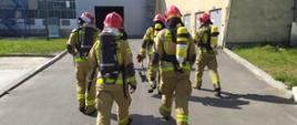 Strażacy w ubraniach specjalnych oraz aparatach ochrony układu oddechowego idą w kierunku zakładu. W tle widać wejście do zakładu.
