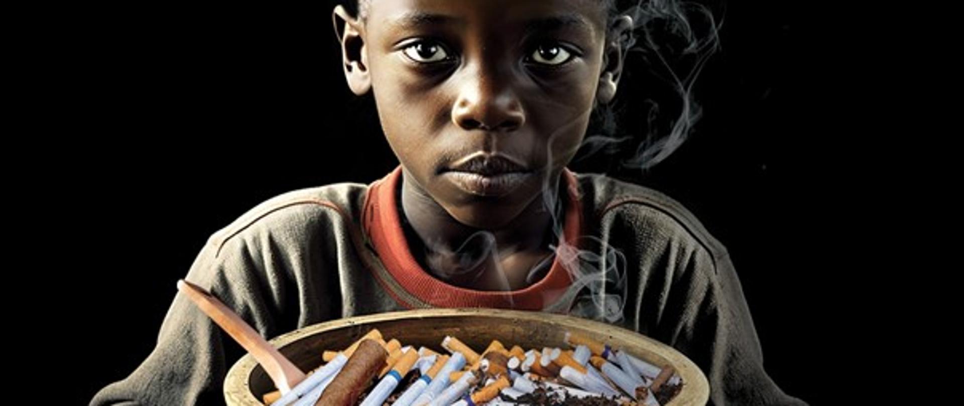 Czarnoskóry chłopiec trzymający w ręku popielniczkę wypełnioną niedopałkami papierosów